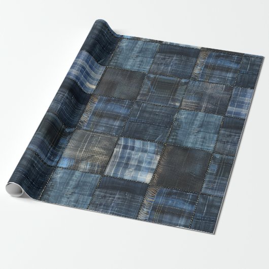 Indigo Denim Patchwork Seamless Pattern ラッピングペーパー (アンロールド)