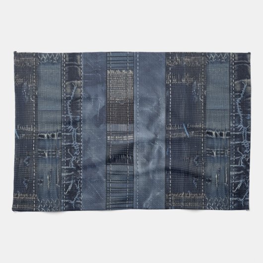 Indigo Denim Patchwork Seamless Pattern (2) キッチンタオル (横)