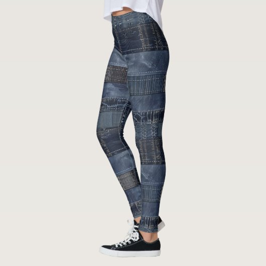 Indigo Denim Patchwork Seamless Pattern (2) レギンス (左)