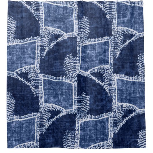 Indigo-Dyed Effect Textured Checked Patchwork Grap シャワーカーテン (正面)