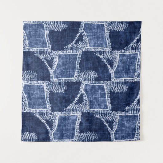 Indigo-Dyed Effect Textured Checked Patchwork Grap タペストリー (正面(横))