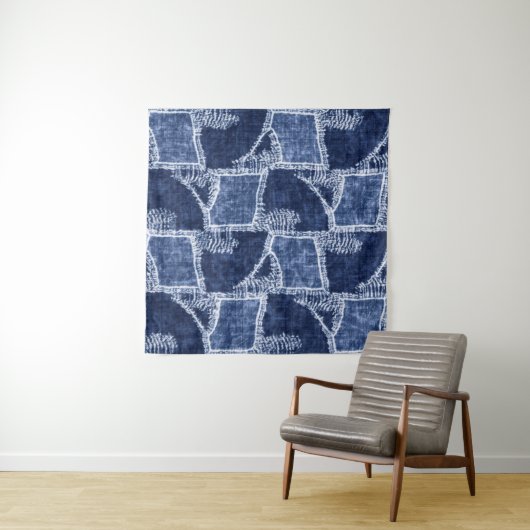 Indigo-Dyed Effect Textured Checked Patchwork Grap タペストリー (インサイチュ(横))