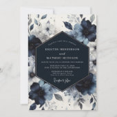 Indigo Floral Moody Romance Wedding 招待状 (正面)