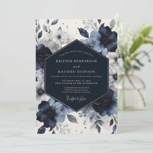 Indigo Floral Moody Romance Wedding 招待状 (スタンド正面)