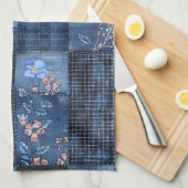 Indigo Floral Patchwork Pattern | Boho Denim キッチンタオル (四つ折り)