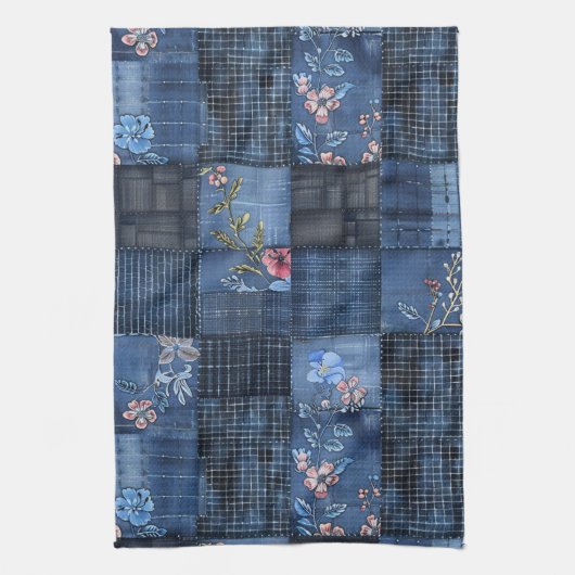 Indigo Floral Patchwork Pattern | Boho Denim キッチンタオル (縦)
