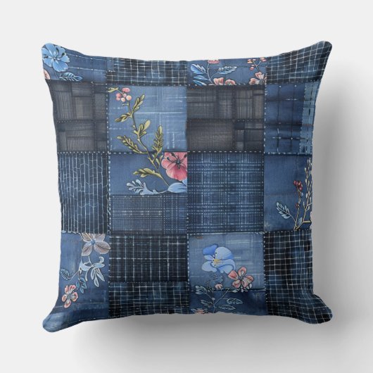Indigo Floral Patchwork Pattern | Boho Denim クッション (裏面)