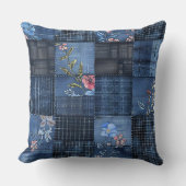 Indigo Floral Patchwork Pattern | Boho Denim クッション (正面)