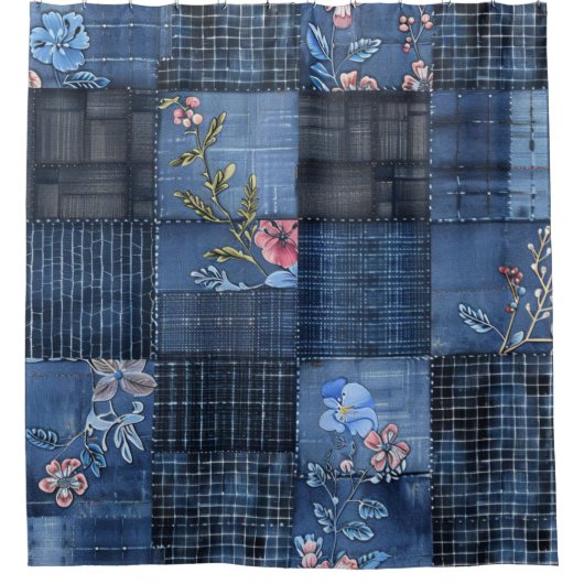 Indigo Floral Patchwork Pattern | Boho Denim シャワーカーテン (正面)