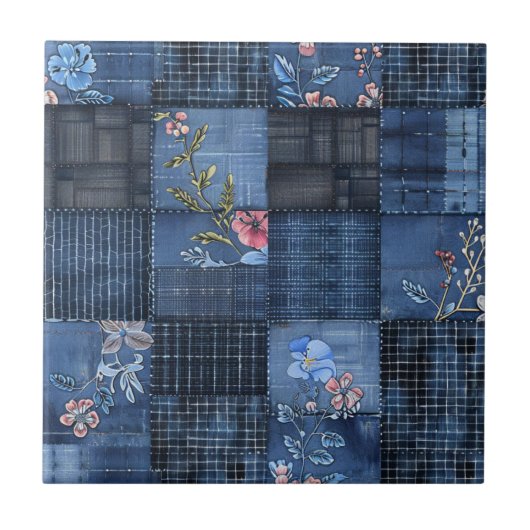 Indigo Floral Patchwork Pattern | Boho Denim タイル (正面)