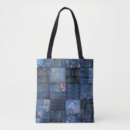 Indigo Floral Patchwork Pattern | Boho Denim トートバッグ (正面)