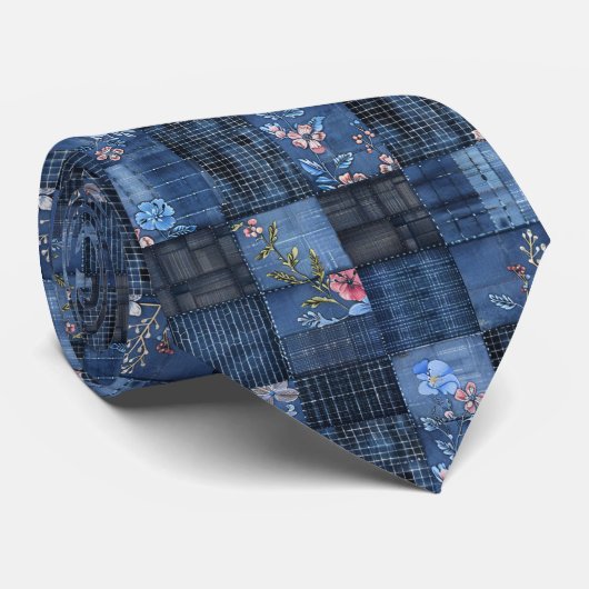 Indigo Floral Patchwork Pattern | Boho Denim ネクタイ (ロール)