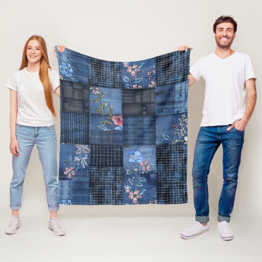 Indigo Floral Patchwork Pattern | Boho Denim フリースブランケット (インサイチュ)