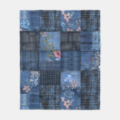 Indigo Floral Patchwork Pattern | Boho Denim フリースブランケット (正面)