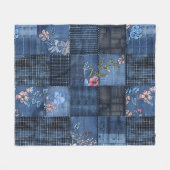 Indigo Floral Patchwork Pattern | Boho Denim フリースブランケット (正面(横))