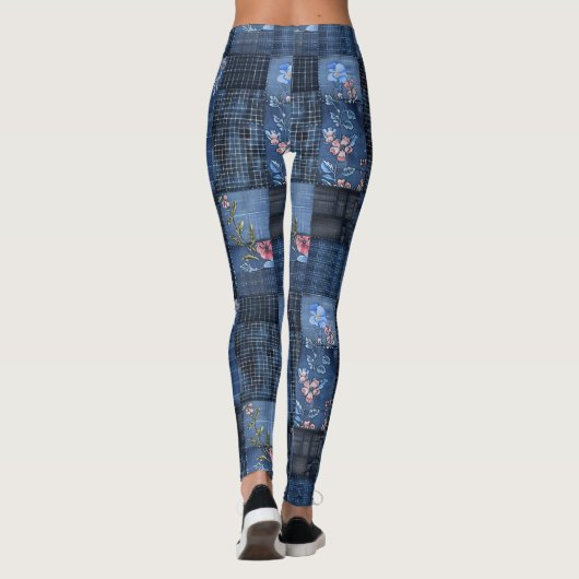 Indigo Floral Patchwork Pattern | Boho Denim レギンス (裏面)