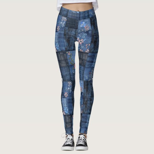 Indigo Floral Patchwork Pattern | Boho Denim レギンス (正面)