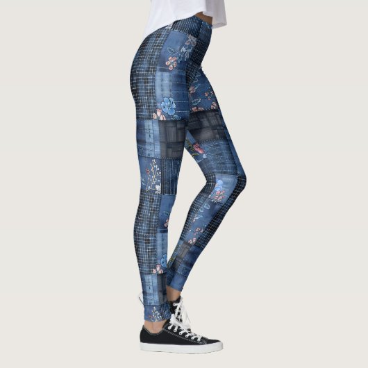 Indigo Floral Patchwork Pattern | Boho Denim レギンス (右)