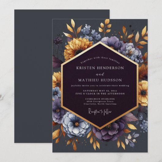 Indigo Gilded Bloom Wedding 招待状 (正面/裏面)