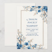 Indigo Gold Vein Ethereal Botanical Frame Wedding 招待状 (正面/裏面)