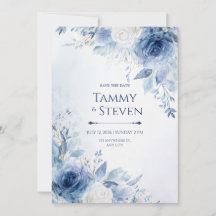 Indigo Gold Vein Watercolor Rose Border Wedding