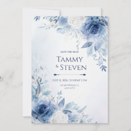 Indigo Gold Vein Watercolor Rose Border Wedding 招待状