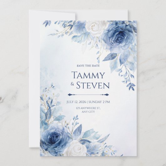 Indigo Gold Vein Watercolor Rose Border Wedding 招待状 (正面)