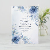 Indigo Gold Vein Watercolor Rose Border Wedding 招待状 (スタンド正面)