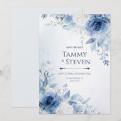 Indigo Gold Vein Watercolor Rose Border Wedding 招待状 (正面/裏面)