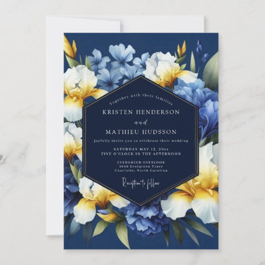 Indigo Golden Iris Bloom Wedding 招待状 (正面)