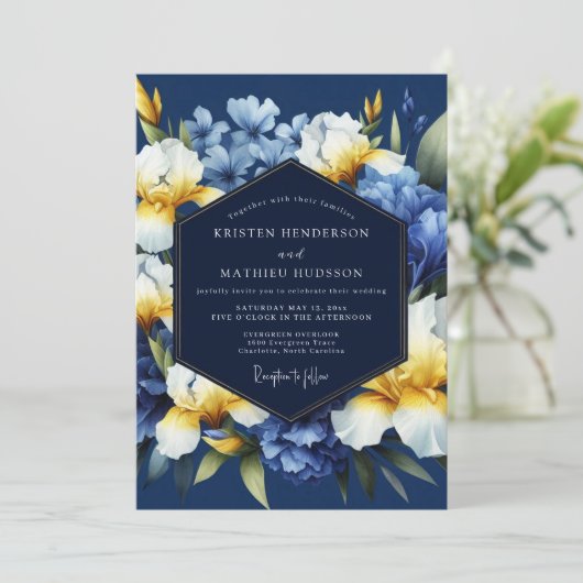 Indigo Golden Iris Bloom Wedding 招待状 (スタンド正面)