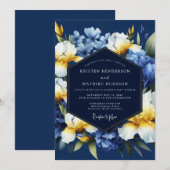 Indigo Golden Iris Bloom Wedding 招待状 (正面/裏面)