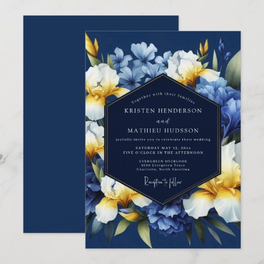 Indigo Golden Iris Bloom Wedding 招待状 (正面/裏面)