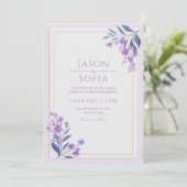 Indigo Leaf Watercolor Lavender Gold Frame Wedding 招待状 (スタンド正面)