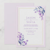 Indigo Leaf Watercolor Lavender Gold Frame Wedding 招待状 (正面/裏面)