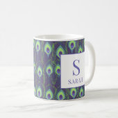 Indigo Lime Green Peacock Custom Initial Mug コーヒーマグカップ (正面右)