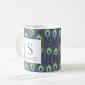 Indigo Lime Green Peacock Custom Initial Mug コーヒーマグカップ (正面左)