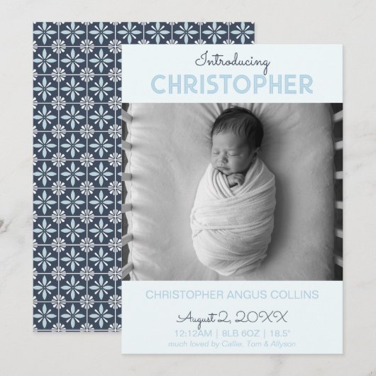 Indigo Modern Tile Birth Announcement Card (正面/裏面)