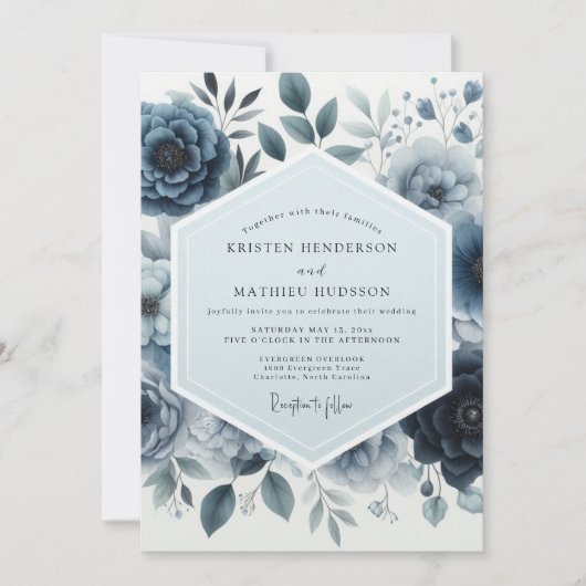 Indigo Moody Floral Wedding 招待状 (正面)