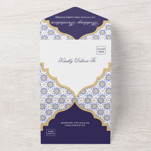 Indigo Moroccan Tile Wedding オールインワン招待状 (外側)