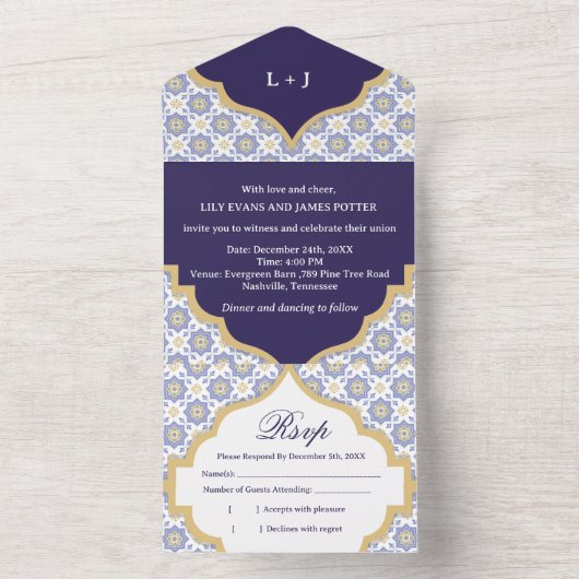 Indigo Moroccan Tile Wedding  オールインワン招待状 (内側)
