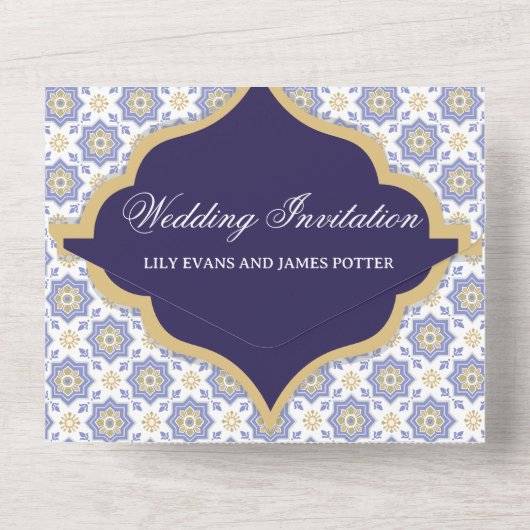 Indigo Moroccan Tile Wedding オールインワン招待状 (裏面)
