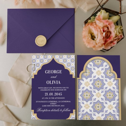 Indigo Moroccan Tile Wedding 招待状