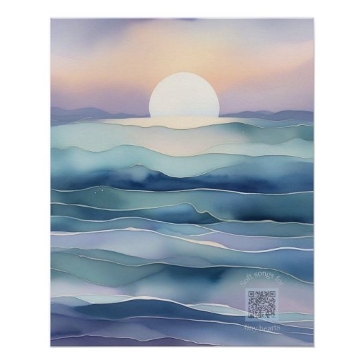 Indigo Ocean Moon Nursery Wall Art | Watercolor ポスター (正面)
