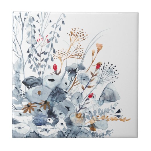 Indigo & Ochre – 水彩花 タイル (正面)