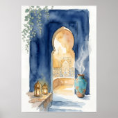 Indigo & Ochre Moroccan Hammam Watercolor ポスター (正面)