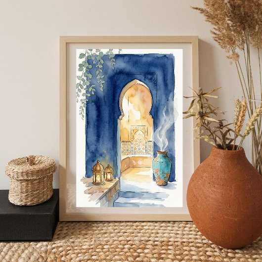 Indigo & Ochre Moroccan Hammam Watercolor ポスター