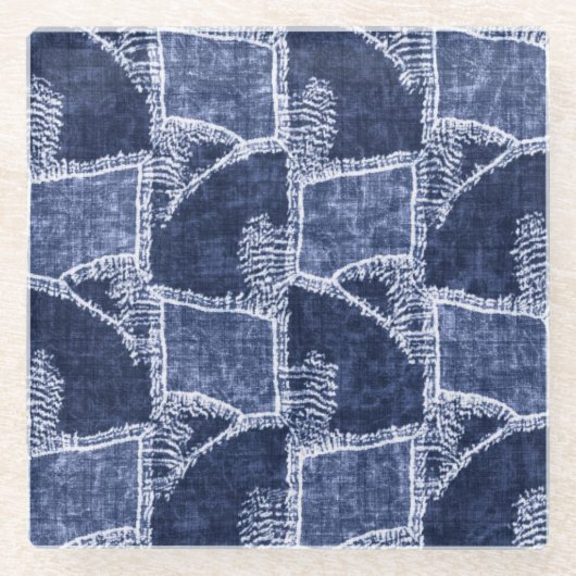 Indigo Patchwork:テクスチャチェックされたエレガンス ガラスコースター (正面)