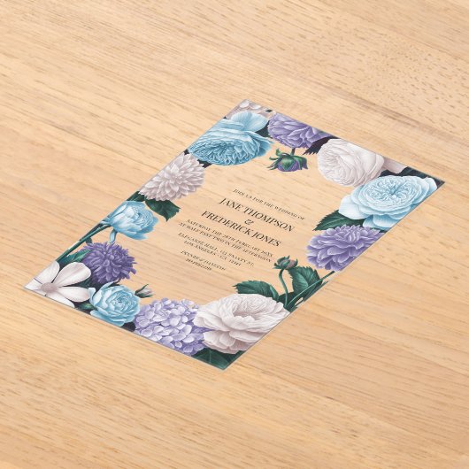 Indigo Petal, Blue Hydrangea & Frost Pearl Wedding アクリル招待状 (レイダウン)