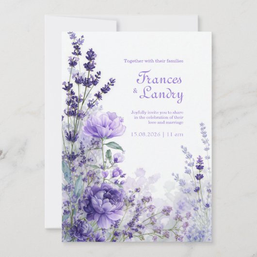 Indigo Purple Watercolor Rose Lavender Bloom 招待状 (正面)